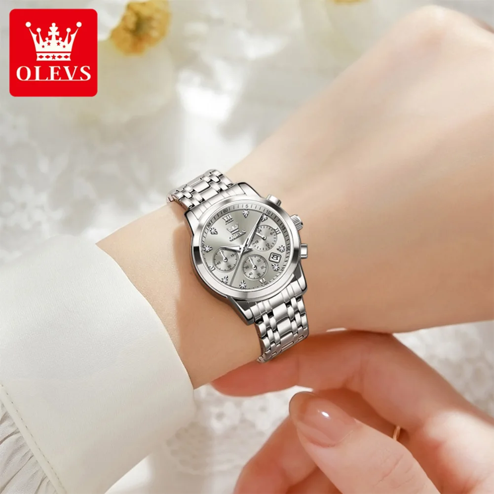 OLEVS 2858 Quartz Watch Woman Chronograph Calendar Waterproof Watch For Women Luminous Fashion Diamond Scale Ladies Wristwatch