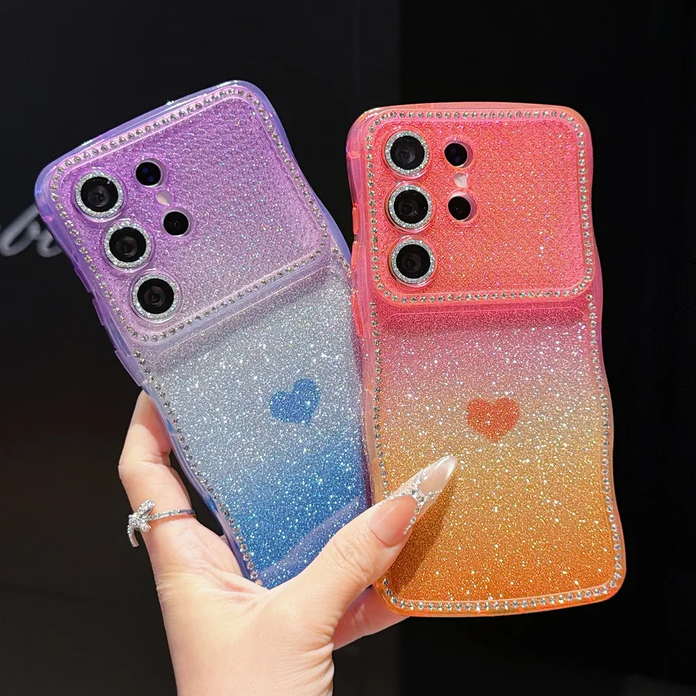 Super Glitter Diamonds Love Heart Phone Case with Wave Gradient and Camera Protection