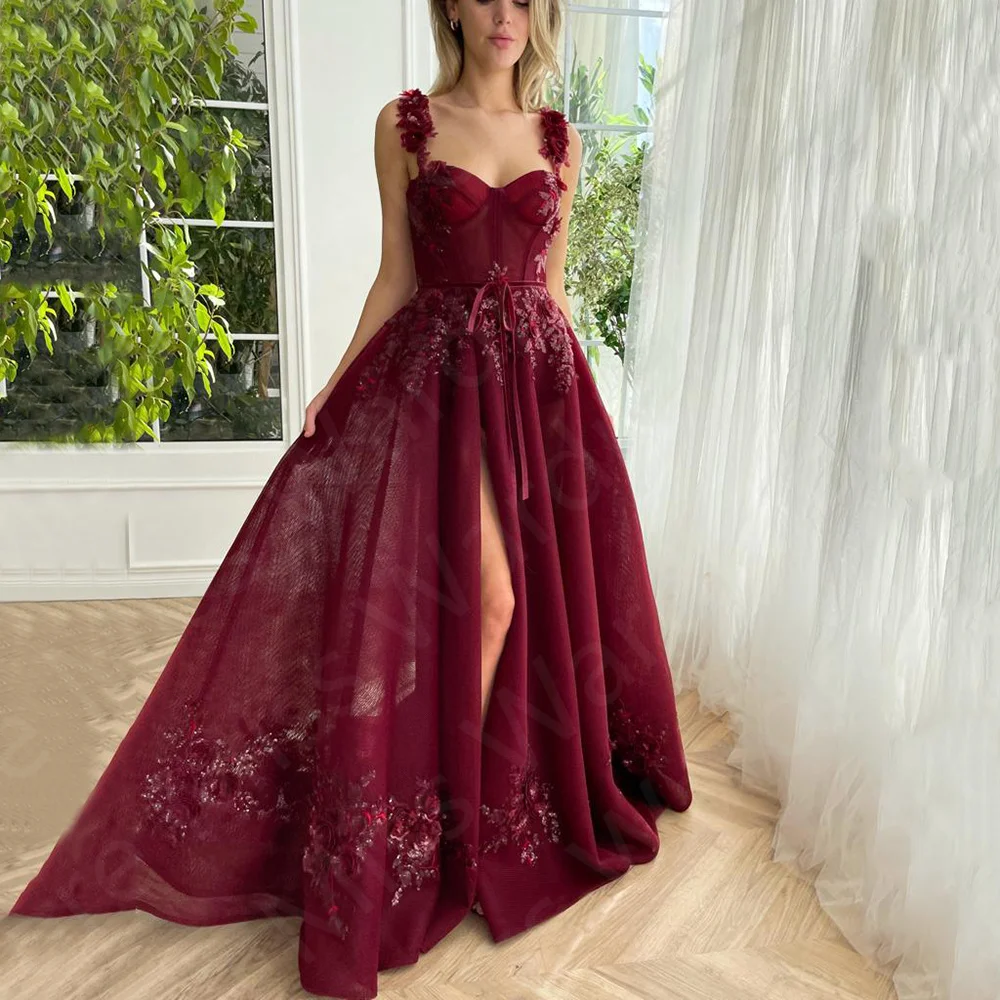 

Latest Classic Wine Red Evening Dresses Side Slit Prom Party Gowns Lace Appliqued Wedding Guest Dress Sweetheart with Straps