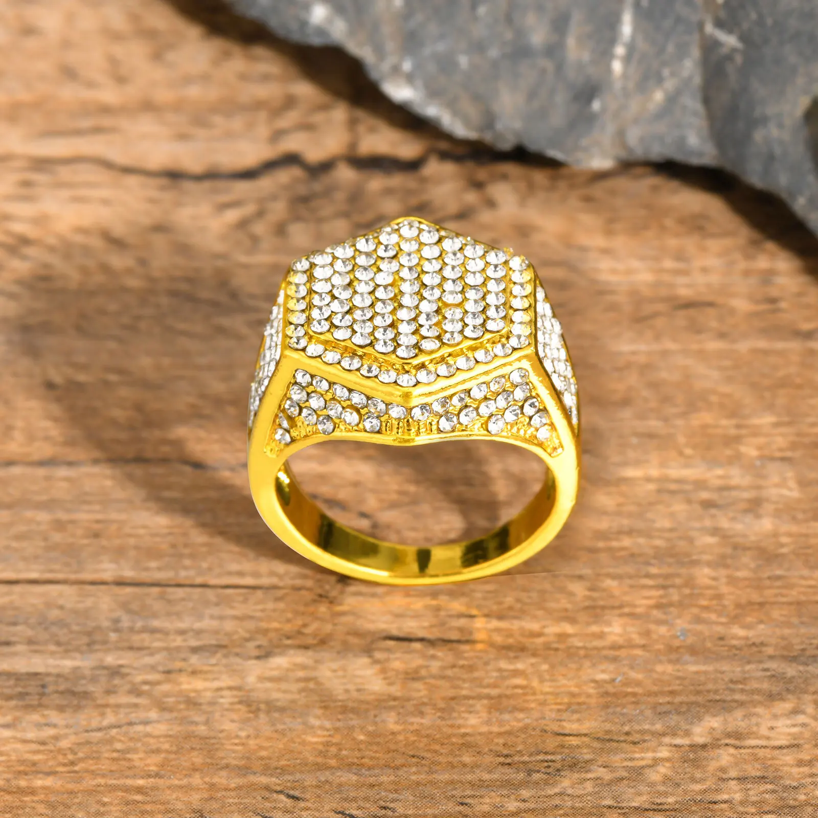 Hip Hop Gold Color Rings for Men,Fully AAA CZ Stone Geometric Stamp Ring,Punk Cool Rap Jewelry Gifts