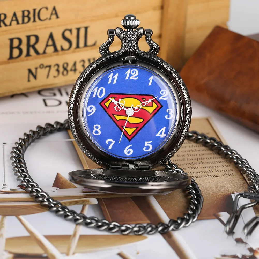 Fashion Superman Pocket Watch Cool Black Blue Dial Pendant Watches