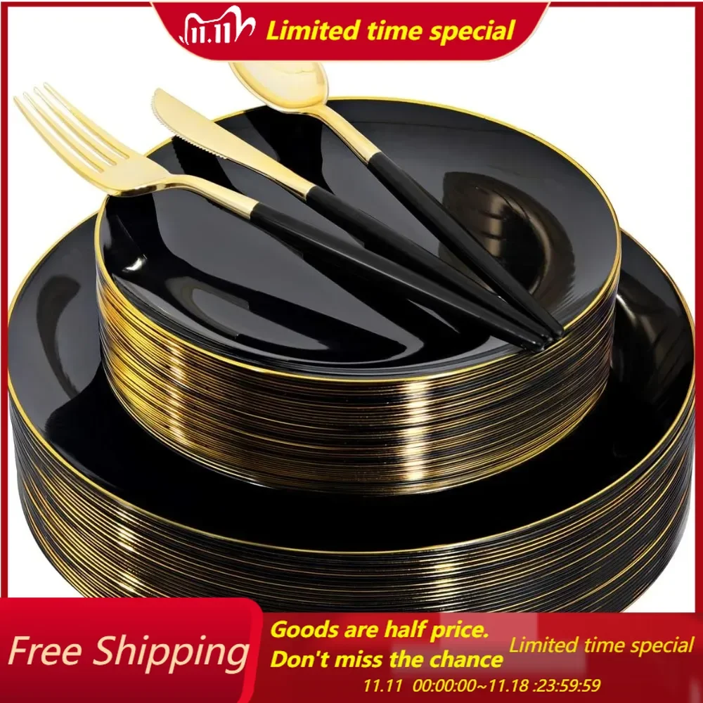 150pcs Black Plastic Plates, Black and Gold Plastic Plates,Gold Silverware,Black and Gold Dinnerware Set