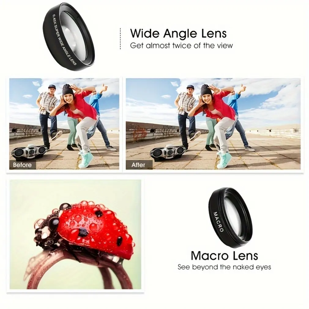 Cell Phone Camera Lens 2 in 1 Clip On 37mm 0.45x49UV Super Wide Angle Macro Lens for iPhone and Android Smartphones Cell Phones