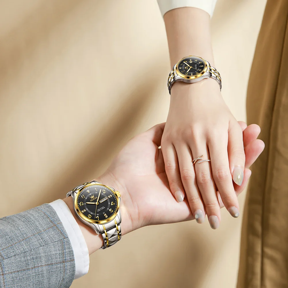 OLEVS Original Couple Watch For Women and Men Steel Strap Waterproof Lover's Watches Luxury Top Brand Quartz Wristwatch Reloj