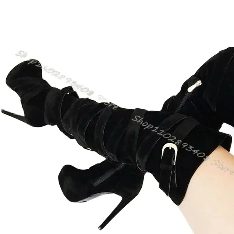 

Black Flock Twine Knee Boots Platform Round Toe Side Zipper Thin High Heels Solid New Fashion Winter Boots Zapatos Para Mujere