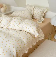 Parure de lit 4 pièces style princesse à volants, motif floral vintage en mousseline de coton, pour filles et enfants, comprenant housse de couette, drap plat et taies d'oreiller 6