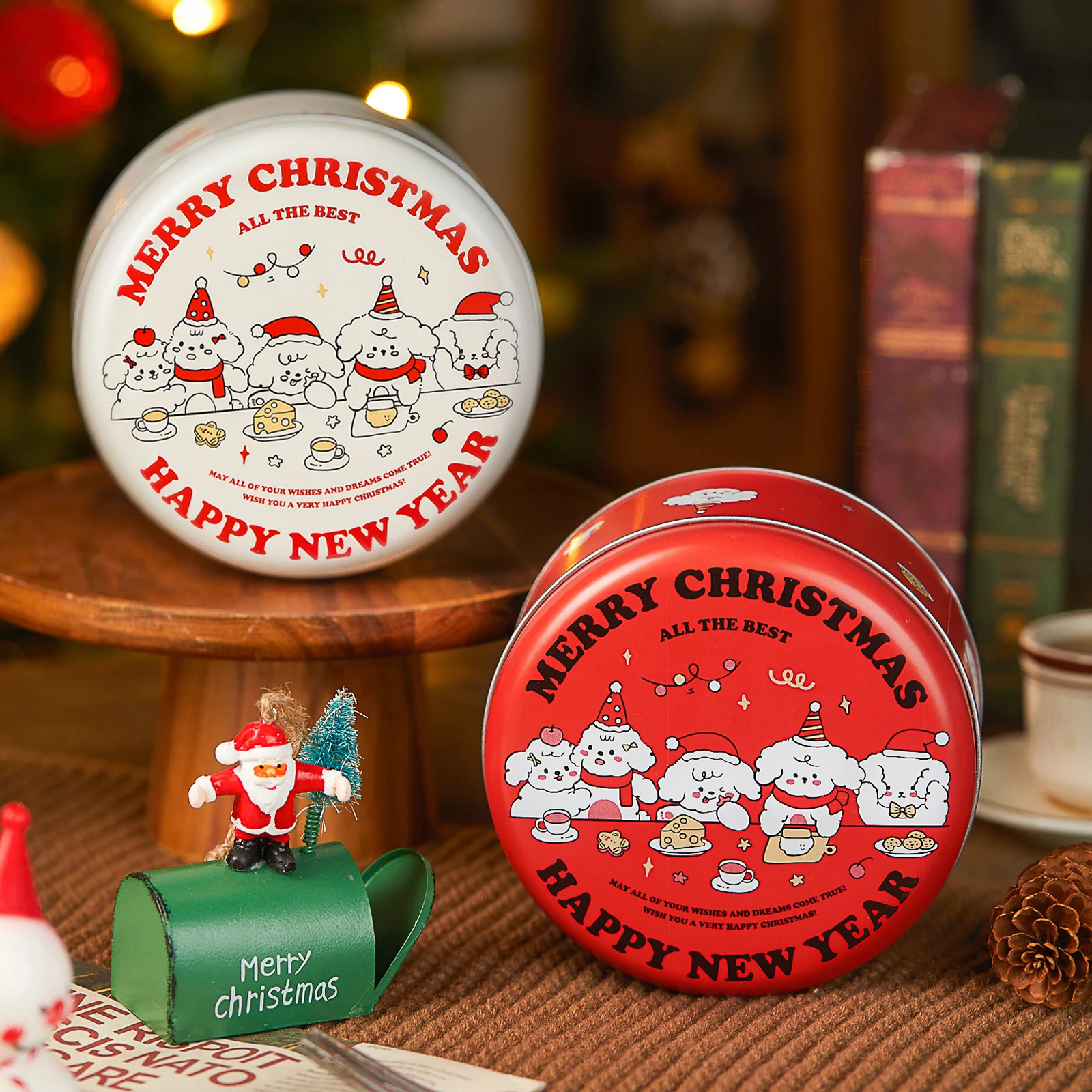 

Рождественская жестяная коробка для хранения печенья с мультипликационным рисунком, маленькая круглая нуга, Снежная хрустящая конфета, контейнер-органайзер, домашний декор