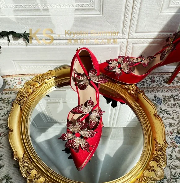 Valerie, jewel embellished red wedding sandals and matching bag | Mary Shoes