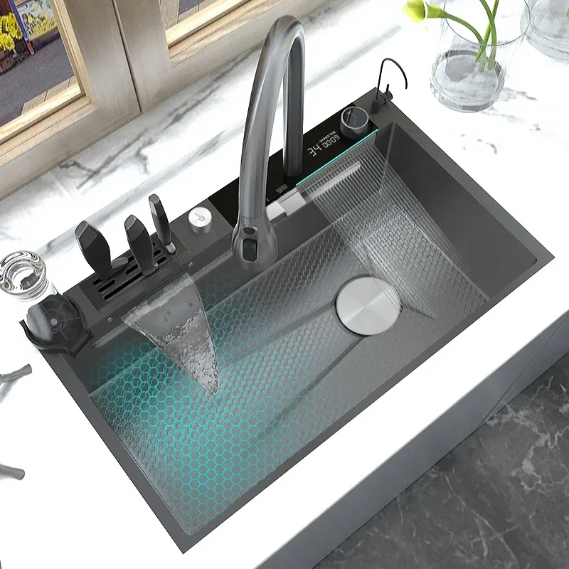 

304 Stainless Steel Kitchen Sink Embossed Waterfall Sink Large Single Slot Multifunctional Washbasin For Kitchen