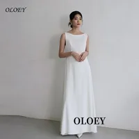 OLOEY Simple A Line Wedding Receipt Dresses Backless Scoop Neck Soft Satin Ankle Bridal Gowns Customized Formal Party Dress 1