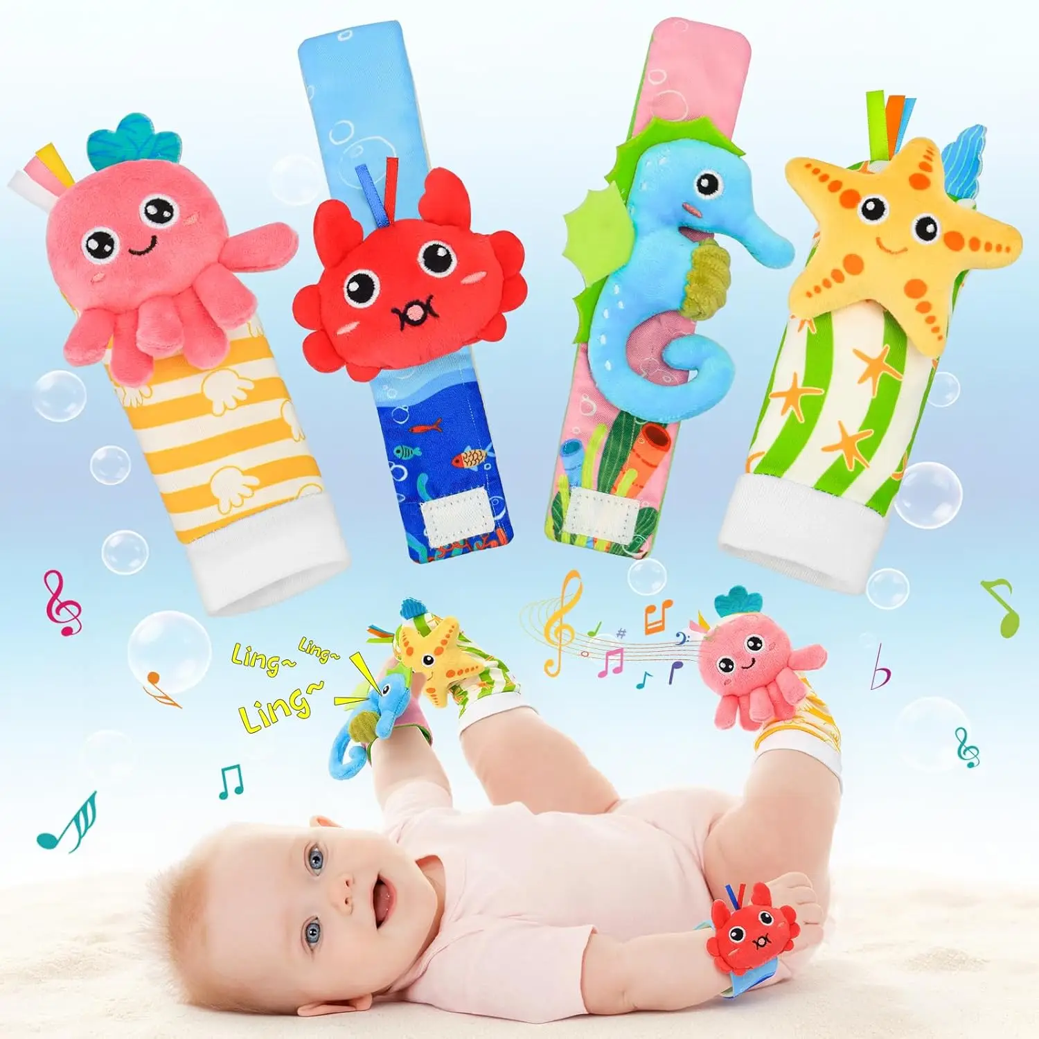 Chaussettes-hochets pour bébé (0-12 mois), chaussettes en peluche à motif dessin animé, dragonne avec hochet et tirette pour les pieds, jouets pour bébés._voghion.com