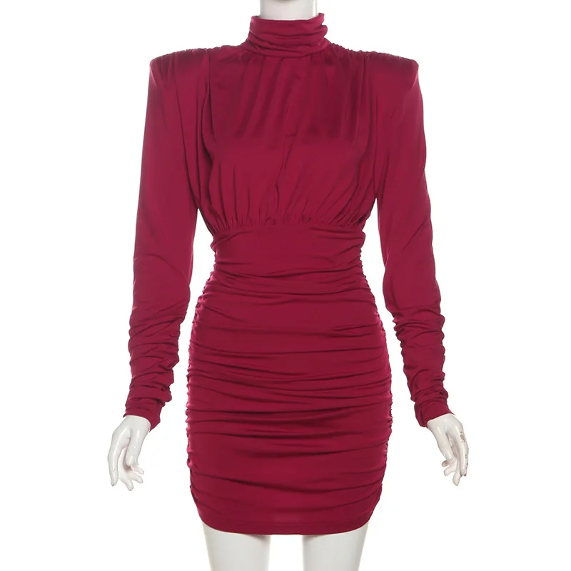 Pleated High Waist Slim Mini Dress Female Fashion Long Sleeve Patchwork Elegant Commute Dress Ladies Solid Autumn Dress