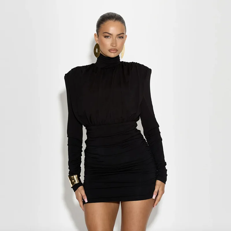 Pleated High Waist Slim Mini Dress Female Fashion Long Sleeve Patchwork Elegant Commute Dress Ladies Solid Autumn Dress