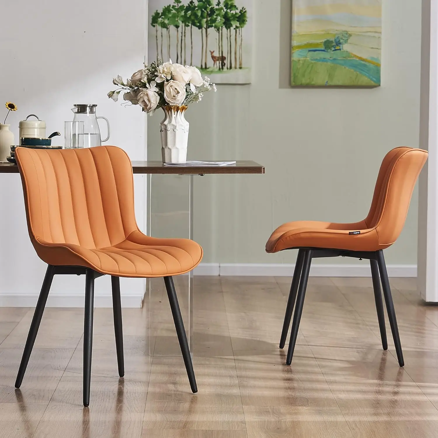 

Chairs Set of 2 Upholstered Mid Century Kitchen Chairs Armless Faux Leather Modern Side Chair with Padded Back Metal Legs