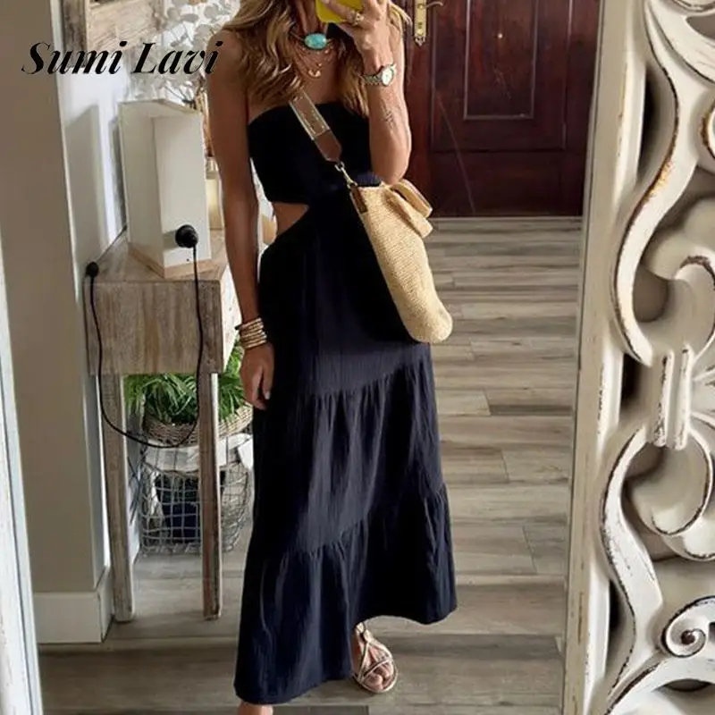 섹시한 오프 숄더 할로우 아웃 롱 원피스, 우아한 백리스 플리츠 솔리드 파티 원피스, 여성 패션 하이 웨이스트 맥시 드레스, 여름