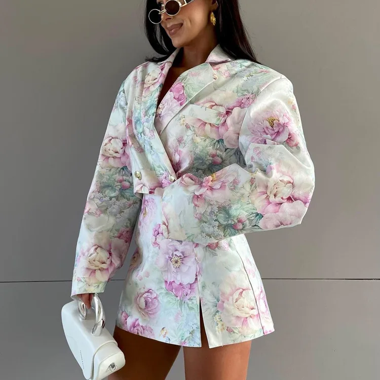 Printed Fashion 2 Piece-Set Skirt Female V-Neck Cropped Top And Mini Skirt Sets Commute Clothes Women's Contrast Outfits