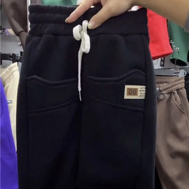 High Waisted Elastic Drawstring New Autumn Winter Women's Solid Patchwork Pockets Loose Belted Thick Casual Sports Harlan Pants