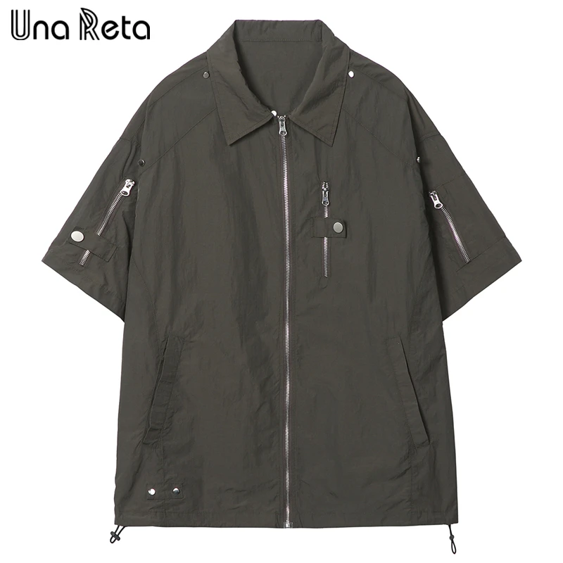 

Una Reta Men's Shirt Hip Hop Summer Tops Streetwear Zipper Short Sleeve Shirts Men Loose Harujuku Solid Shirts