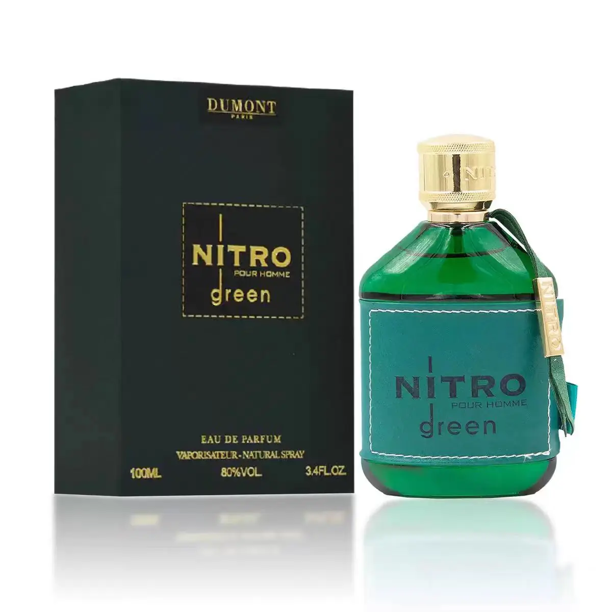 DUMONT NITRO GREEN men's perfume is a fresh wooden fragrance, with cedar, sandalwood and musk, calm and elegant, green and gold packaging, high class atmosphere, showing a gentleman's style. 3