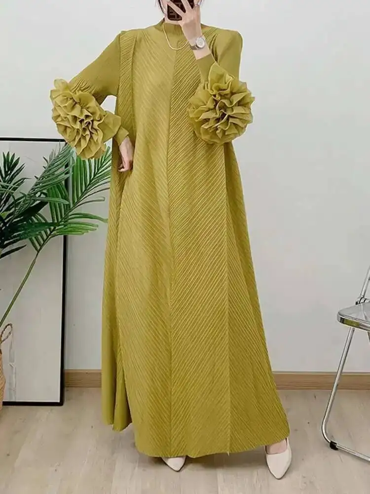 LANMREM Maxi Pleated Dress For Women Wine Red Long Ruffles Sleeves Solid Color Loose Elegant Clothing 2025 Spring New 2DB1827 - Image 3