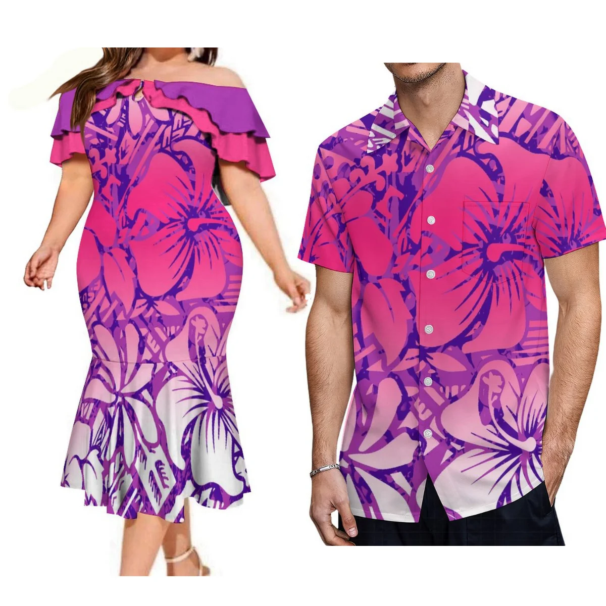 

Polynesian Tribal Print Hawaiian Elegant Fashion Couple Sexy Dress For Women With Aloha Shirt For Men Couple Suit