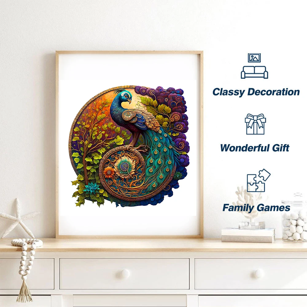 Peacock Wooden Jigsaw Puzzle, Uniquely Irregular Animal Shaped Wooden Stress Relief Toy