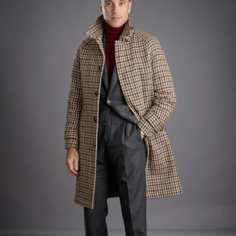 Men Coat Long Overcoat Men Suits Button Shawl Lapel Formal Work Wear Winter Warm Plaid Stripe  Plus Size Custom Made Tailored 4