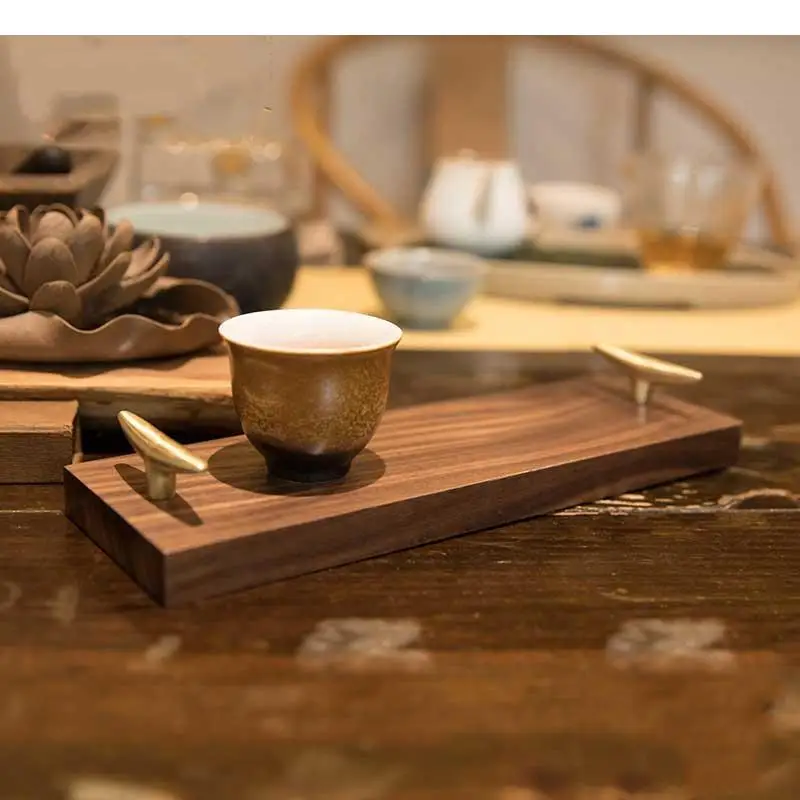 

Black Walnut Brass Double Ear Tray Japanese-style Rectangular Solid Wood Tea Tray Dessert Plate Decoration Storage Display Plate