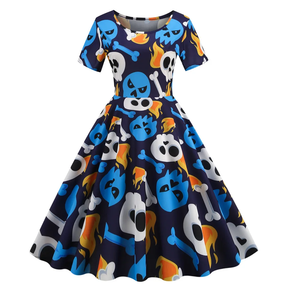 Halloween Dresses Skeleton Pumpkin Printed Cosplay Party Costume Women Vintage Polka Audrey Dress