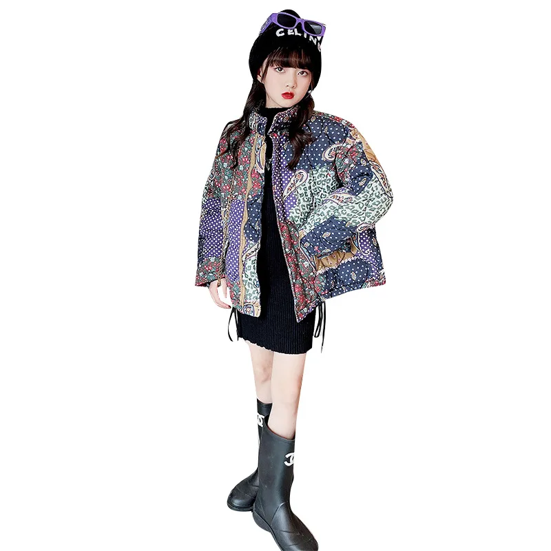 

Girls Turtleneck Design Cotton Jacket Winter Fashion Ethnic Style Print Coat Thick Warm Top Children's Clothing for Teens 4-14 Y