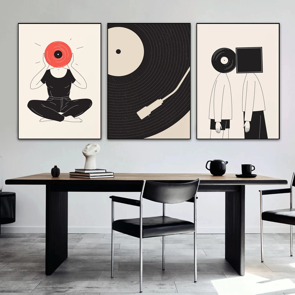 Cartoon Abstract Semplice Musica in bianco e nero Disco in vinile Poster Stampe su tela Immagini d'arte Camera Decorazione della parete di casa Regalo - immagine 3