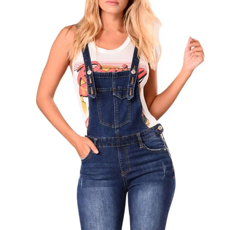 Womens Plus Size High Waist Skinny Bib Overalls Jeans Adjustable Gradient Long Pants Destroyed Holes Cuffed Suspender Jumpsuit