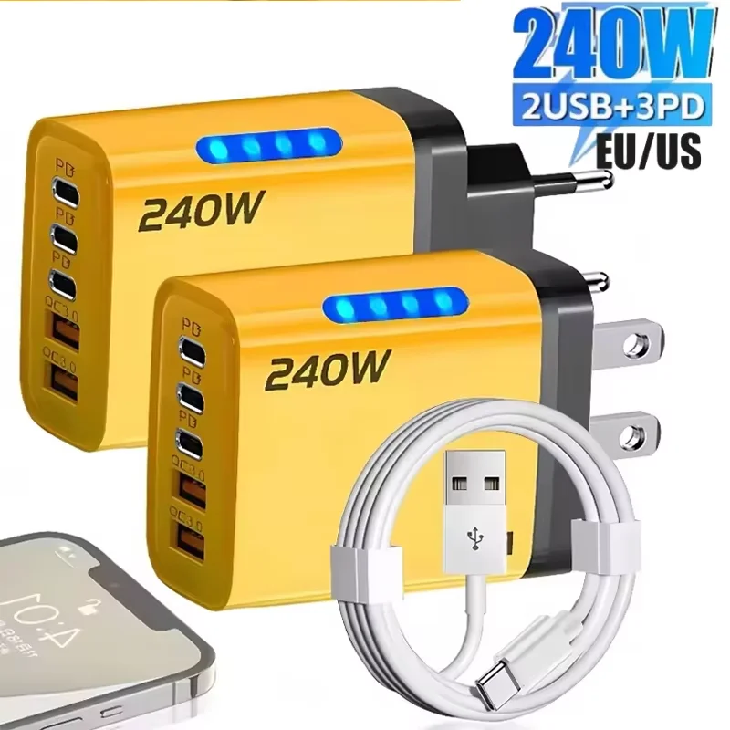 5-in-1 240W GaN Fast Charger with LED Light and Multi-Port USB-C & USB Charging Head