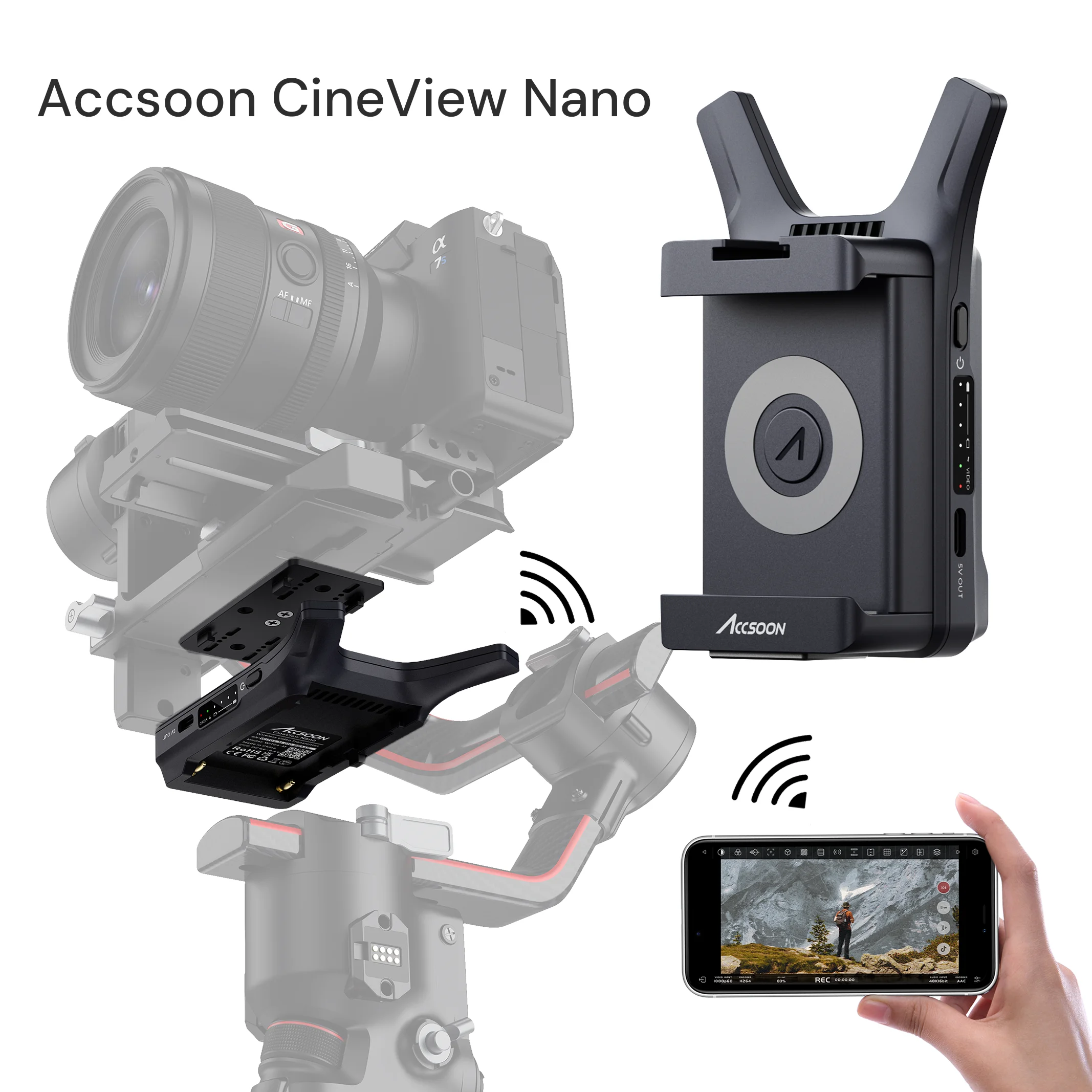 Accsoon CineVIew NANO ワイヤレス画像伝送 HDMI フル HD ジンバルの上