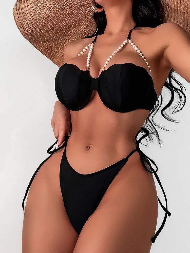 

Pearl Decorated Shell Style Thong Bikini Two- Pieces Set,2023 New Swimwear Suit Women Sexy Swimming Triangle Women's Bandage