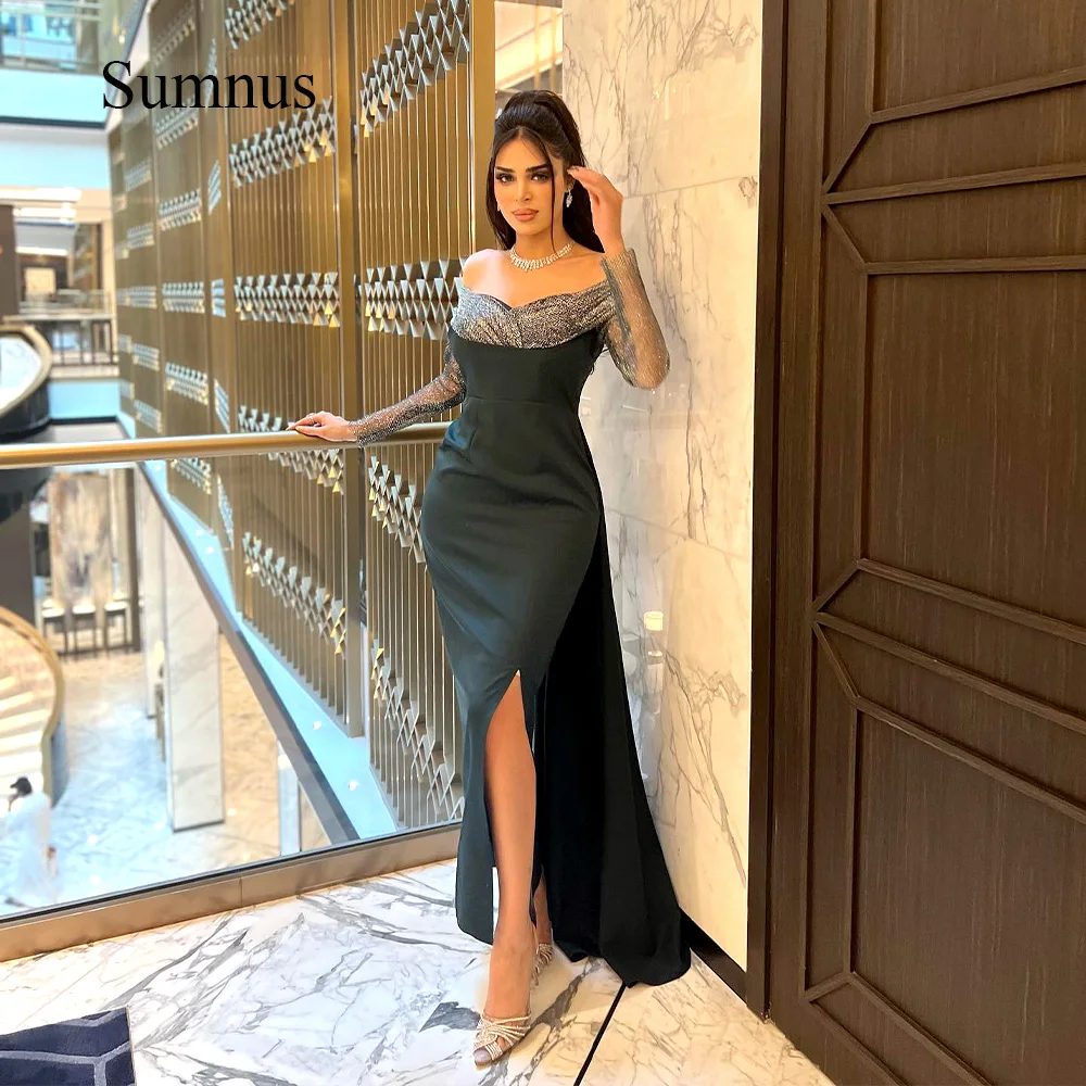 

Черное вечернее платье-Русалка Sumnus, платье с блестками, открытыми плечами и Боковым Разрезом, платье для выпускного вечера в стиле Саудовской Аравии, строгие платья Дубая