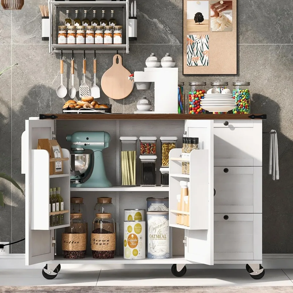 54.5"  Mobile Kitchen Island with Power Outlet, Drop Leaf, Spice Rack and Drawer - Rolling Kitchen Cart with Ample Storage 3