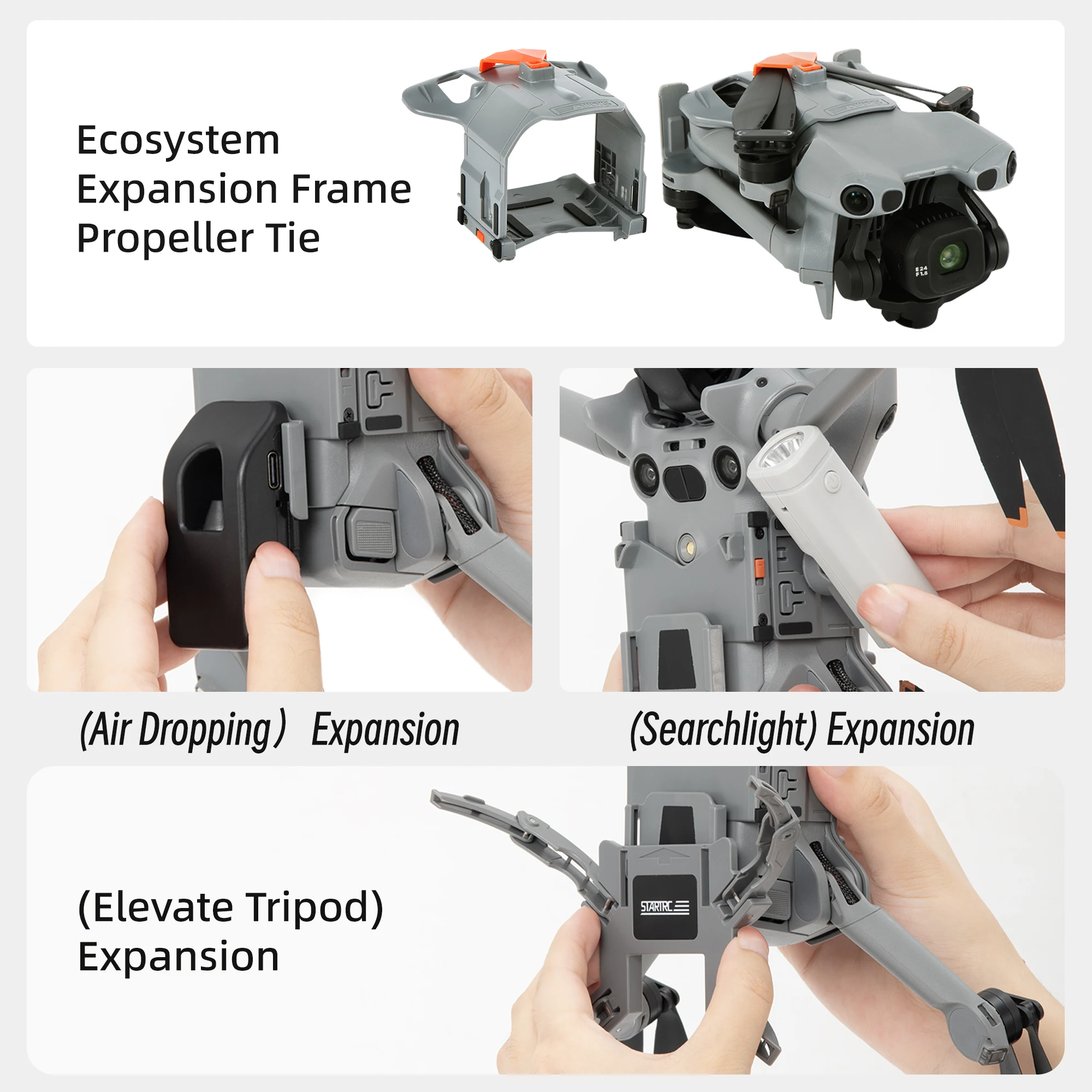 Drone DJI Mini 5 Pro en vol avec largueur larguant un petit paquet cadeau