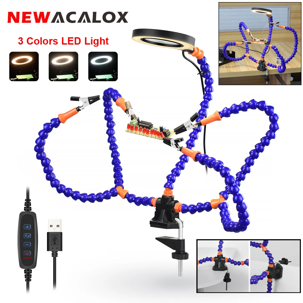 Table Clamp Soldering Third Hand with 3X USB Magnifier LED Light 5Pcs Flexible Arms PCB Holder Welding Repair Tool NEWACALOX soldering repair tool soldering magnifier soldering repair magnifier