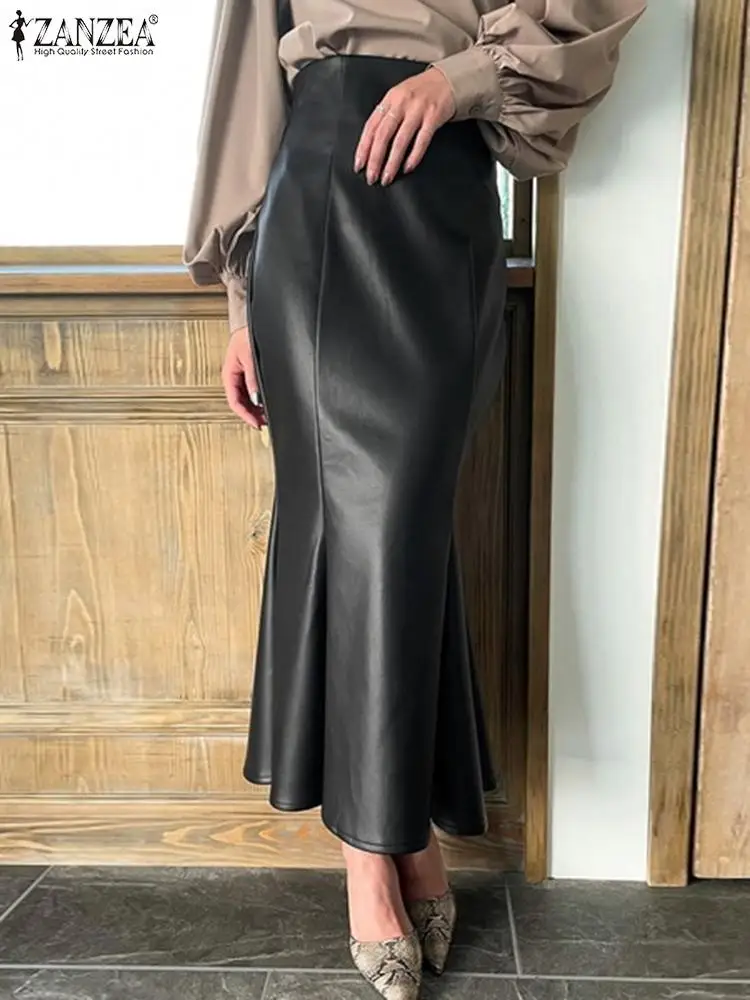

ZANZEA Zipper Party Mermaid Faldas Women PU Leather Maxi Skirt 2023 Autumn High Waist Jupe Vintage Package Hip Fishtail Skirt