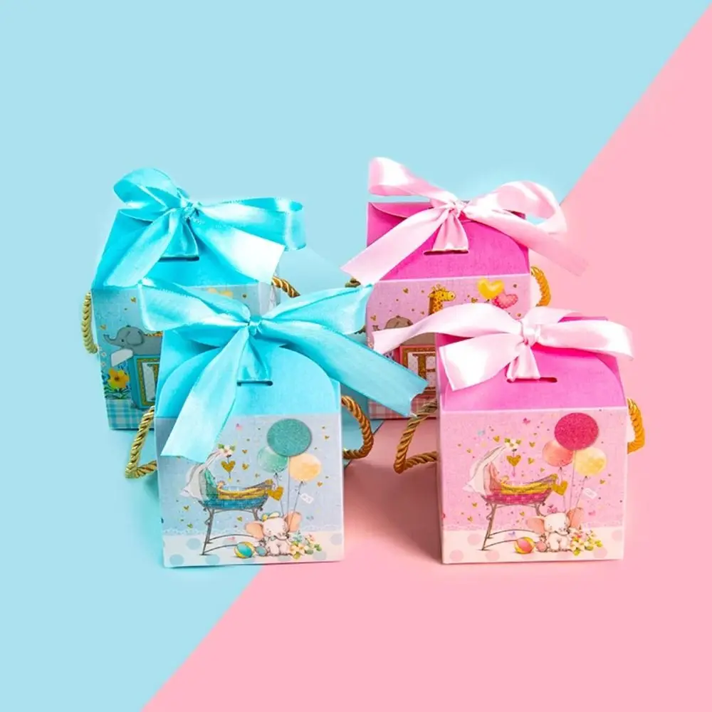 

10Pcs Ribbons Chocolate Candy Boxes with Handle Kraft Paper Gift Wrapping Box Gender Reveal Party Cute Wedding Favor Box