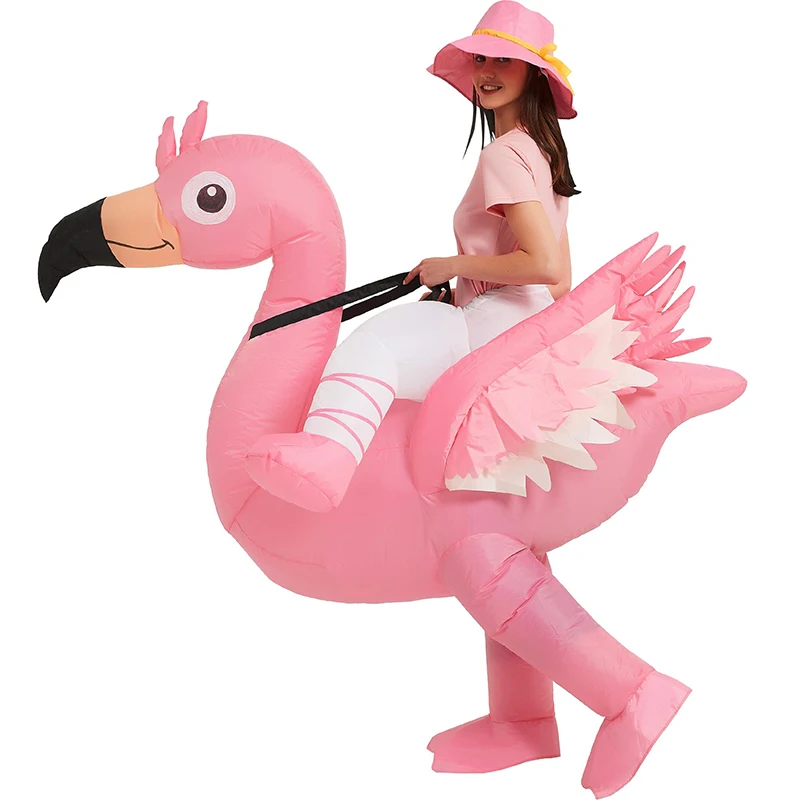 Unisex Adult Pink Flamingo Air Blow up Funny Fancy Dress For Halloween Purim Party Inflatable Flamingo Ride On Costume For Girl