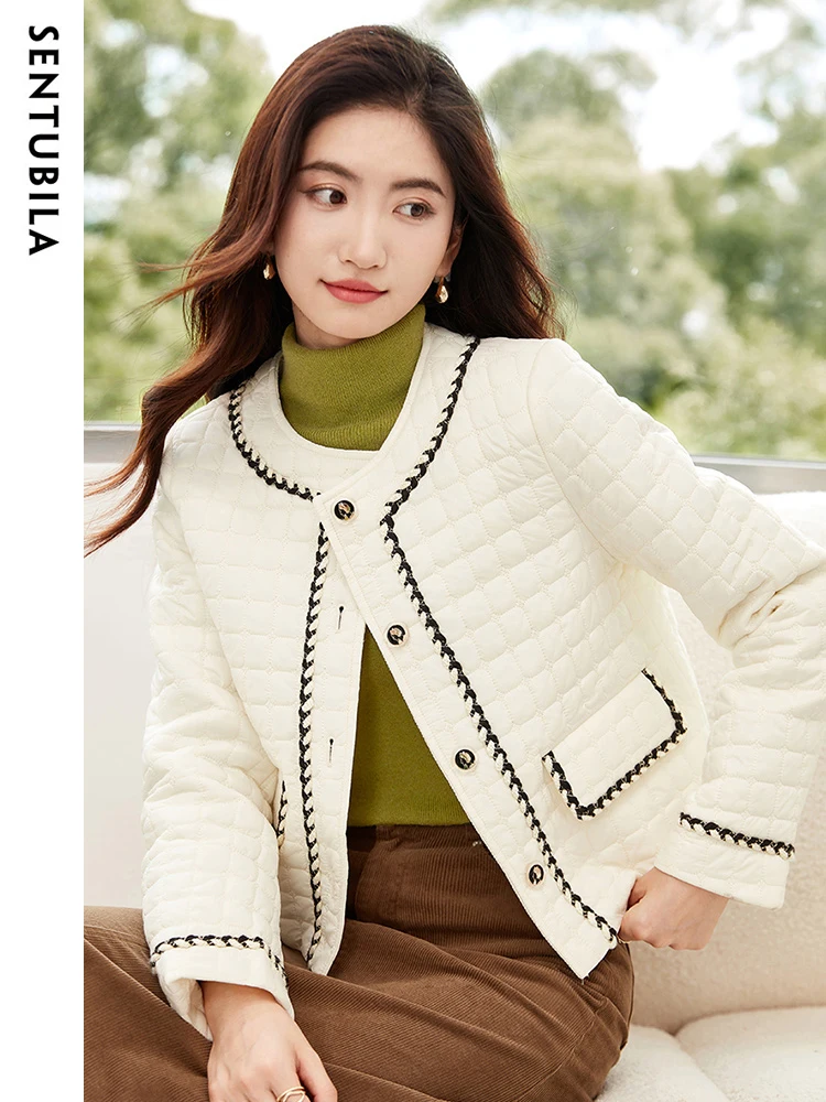 

SENTUBILA Contrast Crop Parkas Jackets for Women 2023 Winter Crew Neck Cotton Padded Jacket Fashion Warm Outerwear Top W34M51359