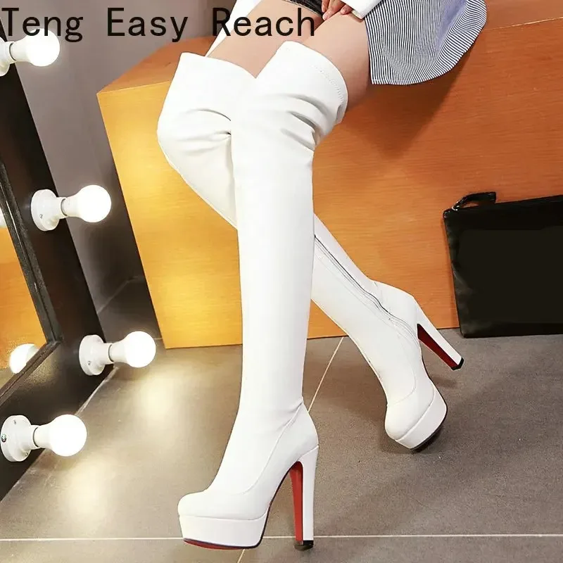 White Platform Women Boots Stertch Pu Leather Over The Knee Boots Fashion Square High Heel Long Boots Autumn Winter Zip Shoes - Image 2