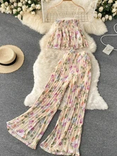 

Summer Floral Print Chiffon Women Two Pieces Set Sexy Strap Tops Blouse+Wide Leg Pants Female Casual New Fashion Korean Outfits