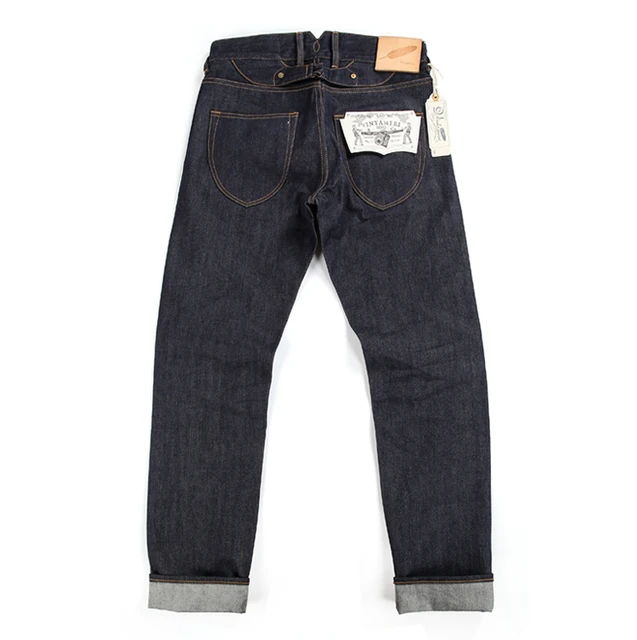 Men's Vintage Jeans Middle-High Waist 15OZ Selvedged Denim Bukleback  Straight Pencil Jeans Amekaji Cowboy Motorcycle Cargo Pants