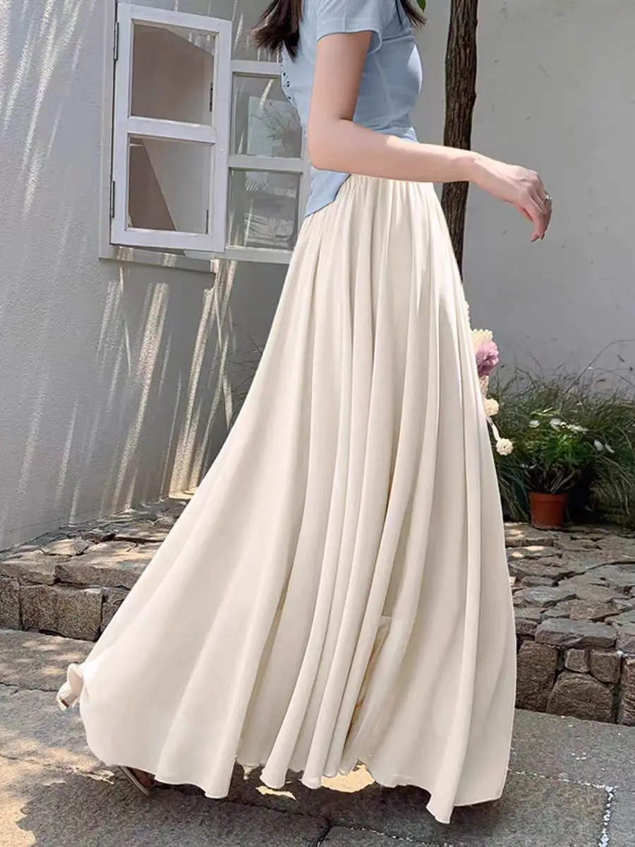 2025 New Women's Chiffon A-Line Maxi Skirt: High Waist Flowy Hem with Elegant Drape & Wide Silhouette 2