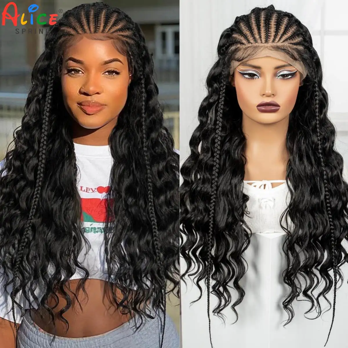 28inch 13x6 Transparent Lace Front Natural Deep Wave Hair Wigs with Cornrow Braids Synthetic Curly Brazilian Hair Wig for Women