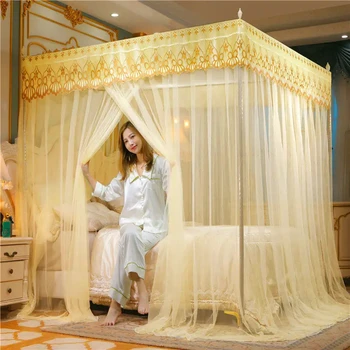 Moustiquaire plissée en dentelle romantique brodée, filet carré respirant pour lit Double Queen, auvent non inclus, support en acier inoxydable 1