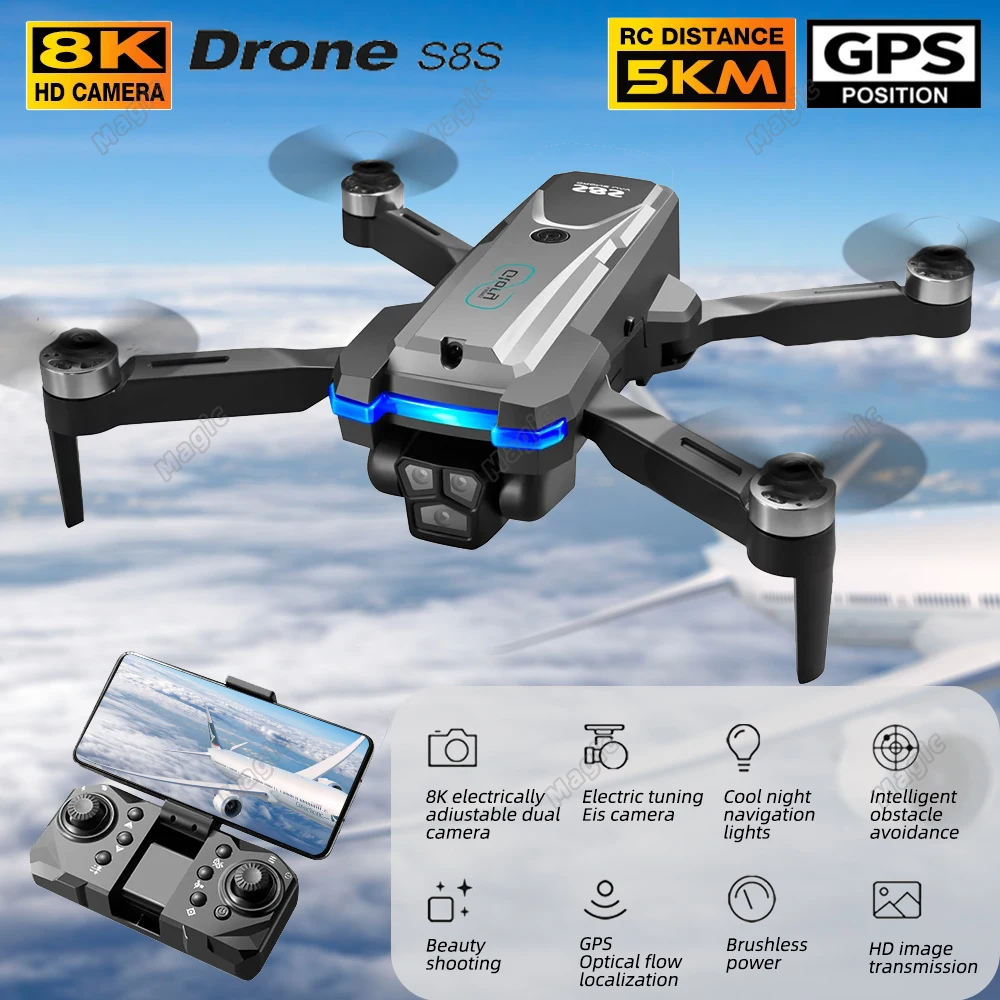 S8S RC 드론 GPS 브러시리스 모터, 광학 흐름 360 ° 장애물 회피 드론, 접이식 쿼드콥터 소년 장난감, 8K HD 3 ESC 카메라